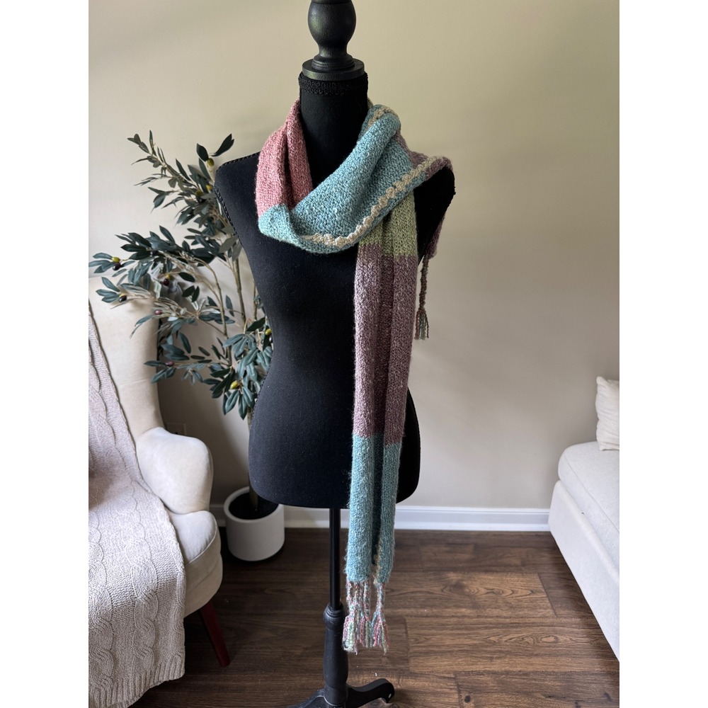 Handmade Color Block Chunky Knit Scarf Pastel Tassel Fringe Winter Wrap Boho